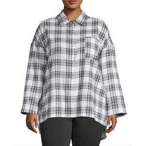 Molly Bracken Gabrielle Long Sleeve Button Shirt Off White Plaid Plus Size 2X